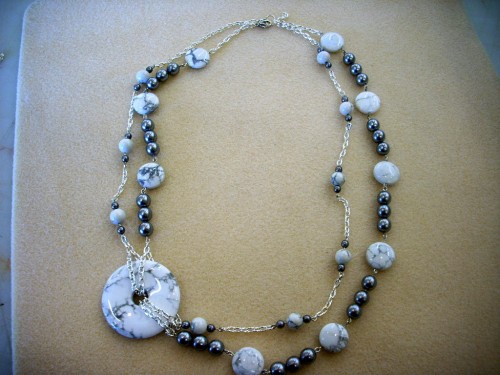 Donut and Chain Necklace - Howlite and Gray Glass Pearl Donut and Chain Necklace - Howlite and Gray Glass Pearl
