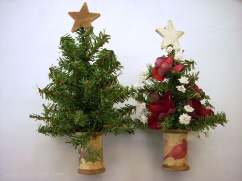miniature evergreen, wood spool, christmas