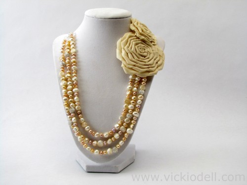 Freshwater Pearl Necklace with Fabric Rose Accents for Mother's Day