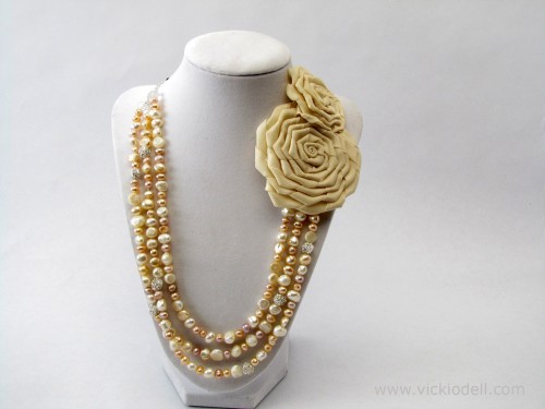 Freshwater Pearl Necklace with Fabric Rose Accents for Mother’s Day